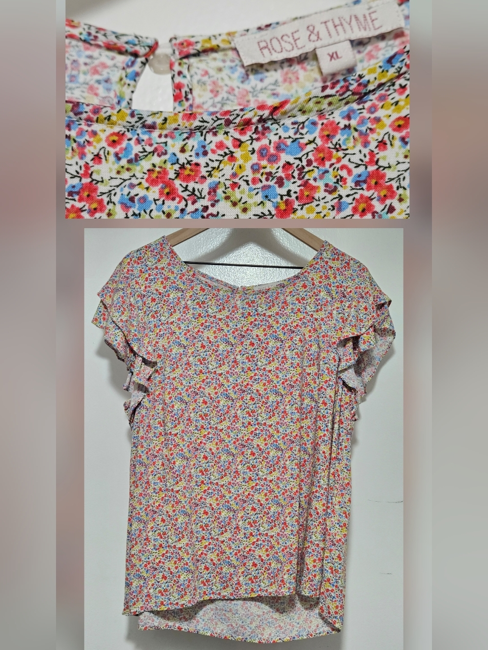 Rose & Thyme XL women's ditsy floral ruffle short sleeve blouse keyhole button